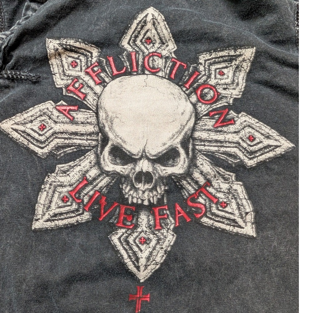 Affliction Long Sleeve Shirt Mens 2XL Black Live Fast Skull Graphic Raw Seam Y2K